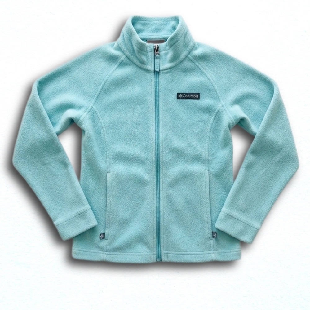 Columbia Womens Light Blue Full Zip Fleece Jacket Mock Neck Small S 7/8